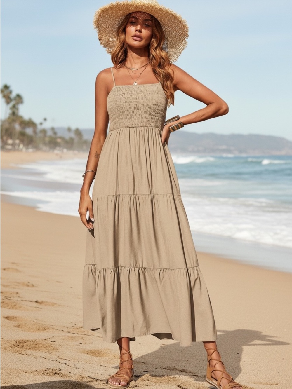 PrettyGarden Beige Smocked Tiered Maxi Dress Spaghetti Strap Size S Boho - Picture 2 of 6